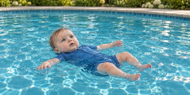 Baby im blauen Schwimmanzug schwebt allein auf dem Rücken an der Wasseroberfläche eines Außenpools.