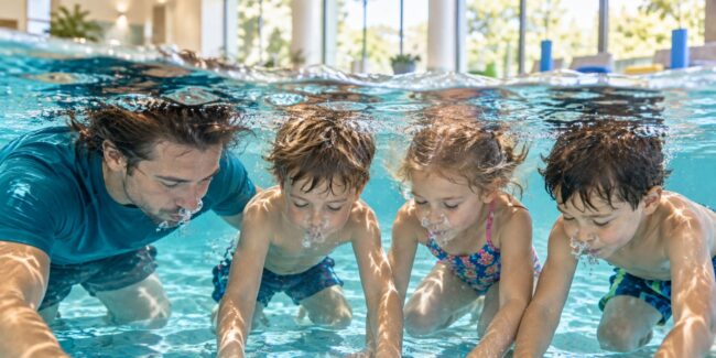 Drei Kinder und ein Schwimmlehrer tauchen ohne Schwimmbrillen gemeinsam in einem hellen Schwimmbecken unter.