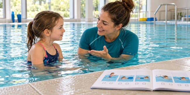 Eine Schwimmlehrerin erklärt einem Kind im Wasser eine Übung. Am Beckenrand liegt ein geöffnetes Schwimmheft mit illustrierten Lernschritten.