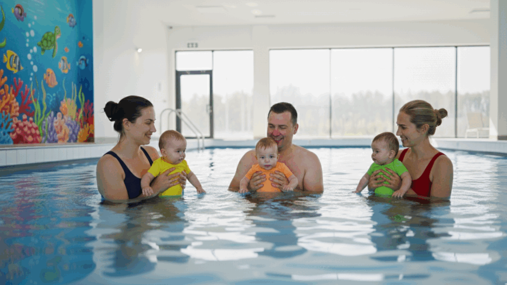 2 Frauen und 1 Mann beim Babyschwimmen im Hallenbad. Sie stehen bis zur Brust im Wasser und halten ihre Babies in sicherem Griff vor sich. Alle sind entspannt.