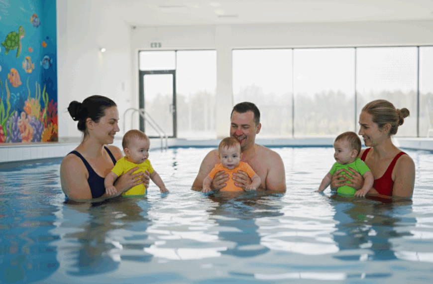 2 Frauen und 1 Mann beim Babyschwimmen im Hallenbad. Sie stehen bis zur Brust im Wasser und halten ihre Babies in sicherem Griff vor sich. Alle sind entspannt.