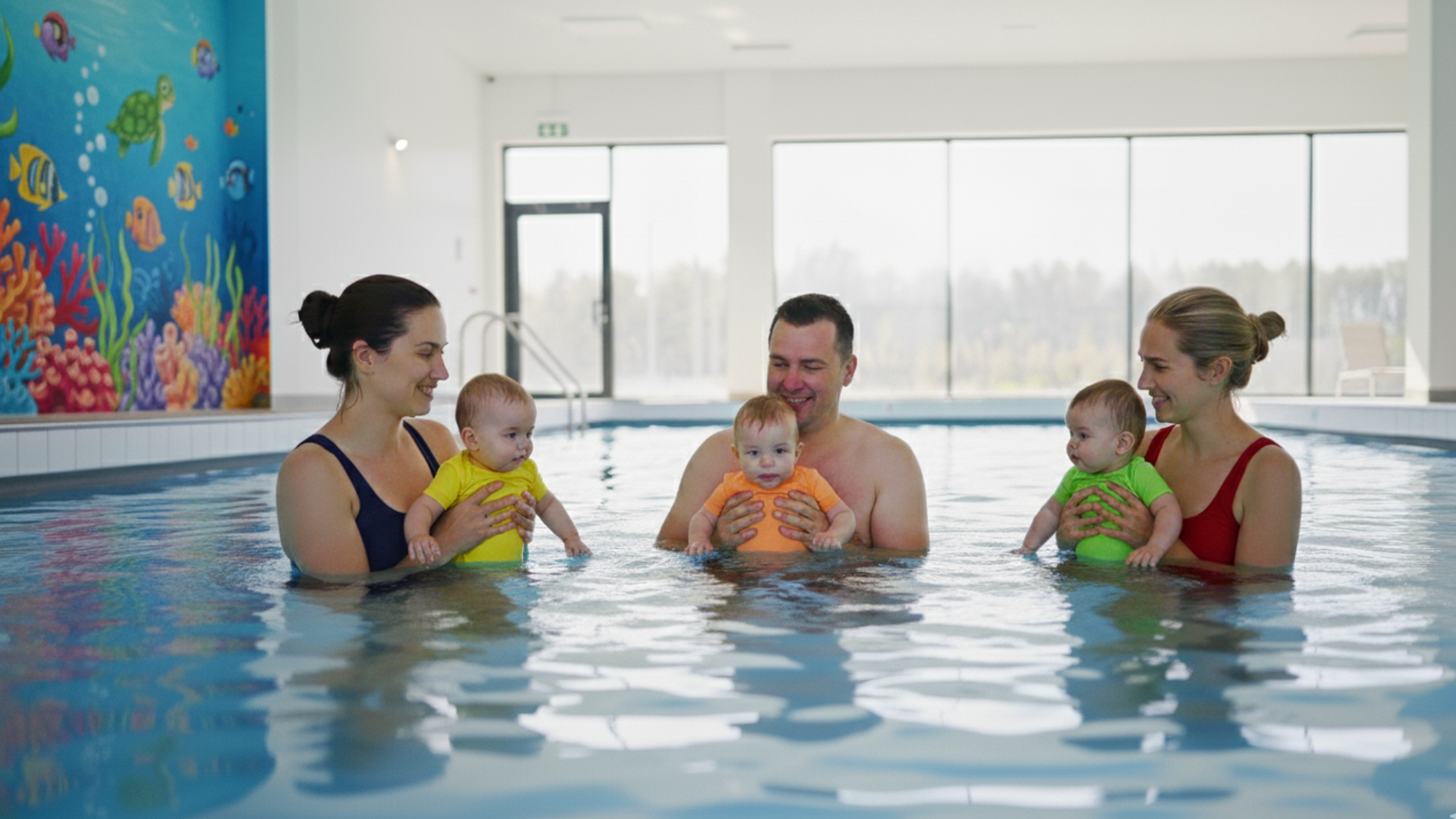 2 Frauen und 1 Mann beim Babyschwimmen im Hallenbad. Sie stehen bis zur Brust im Wasser und halten ihre Babies in sicherem Griff vor sich. Alle sind entspannt.