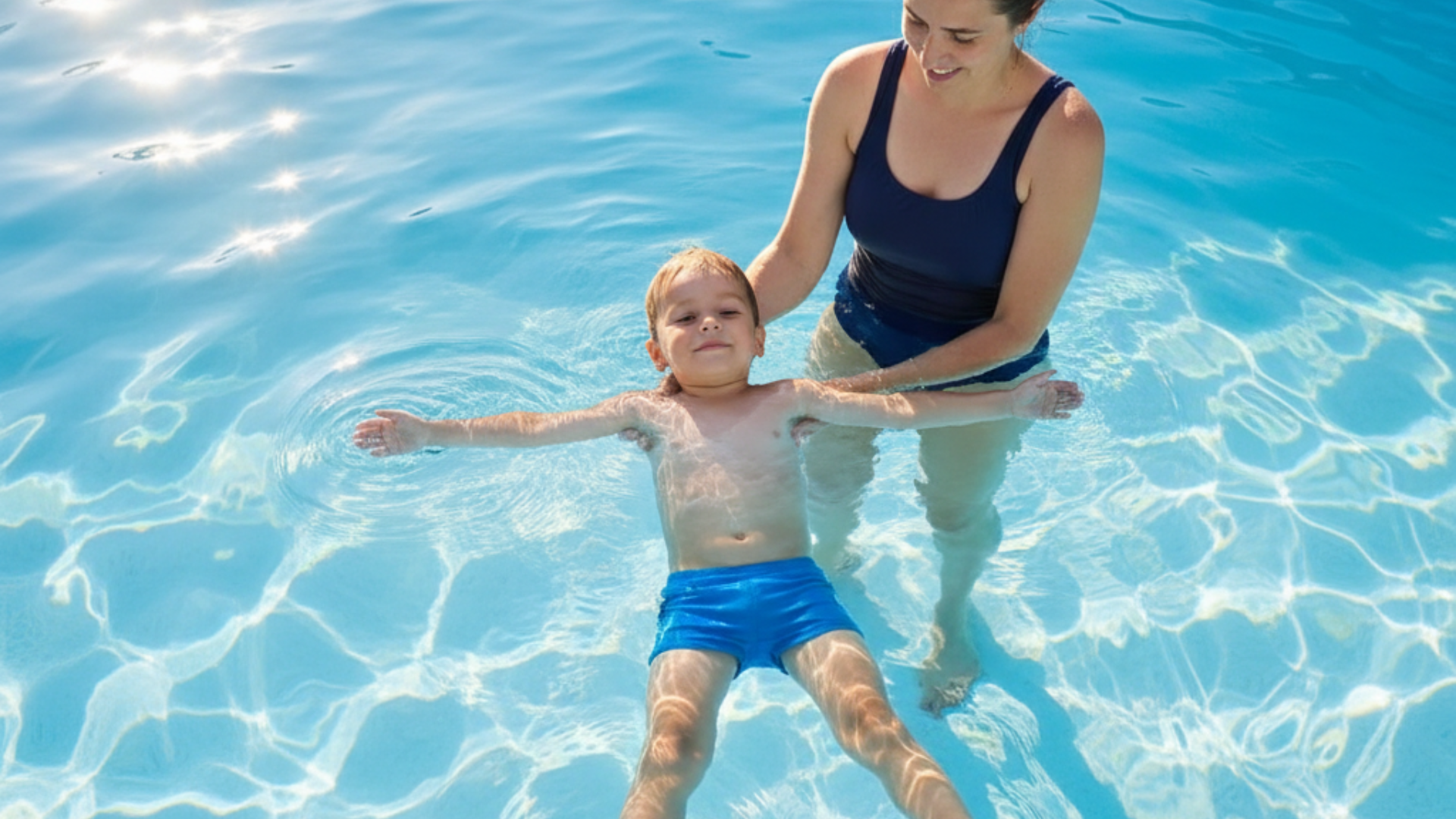 Basiskompetenzen lernen: Ein kleiner blonder Junge schwebt auf dem Rücken im Wasser, mit ausgebreiteten Armen und Beinen. Seine Mutter hält stützend die Hände unter seinem Körper.