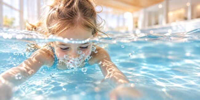 Kind blubbert ins Wasser und übt das Ausatmen.