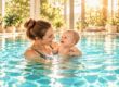 Eine Mutter hält ihr lächelndes Baby beim Babyschwimmen im Wasser. Beide schauen sich liebevoll an.