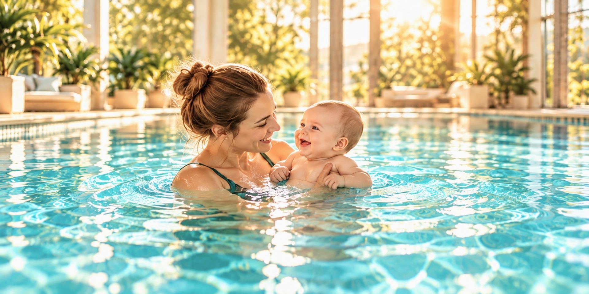 Babyschwimmen – Nähe und gemeinsame Freude im Wasser Eine Mutter hält ihr lächelndes Baby beim Babyschwimmen im Wasser. Beide schauen sich liebevoll an.